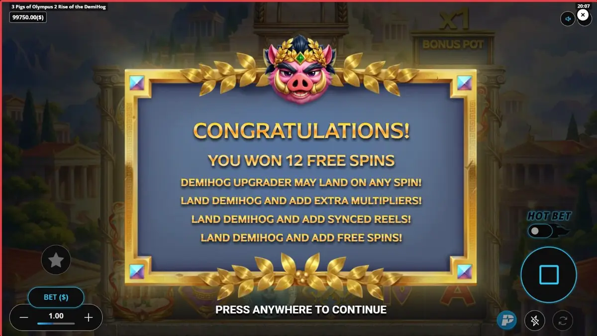 Interface do slot 3 Pigs of Olympus 2 com elementos da mitologia grega